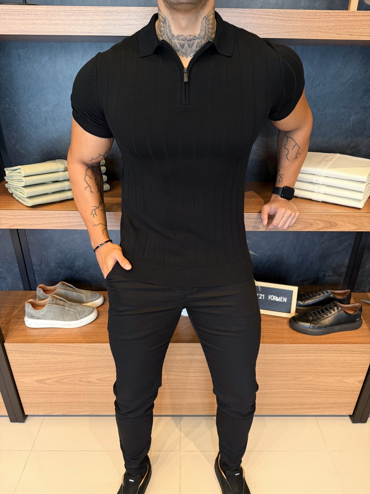 Polo Navy Tricot Preta Listras Minimalista e Zíper