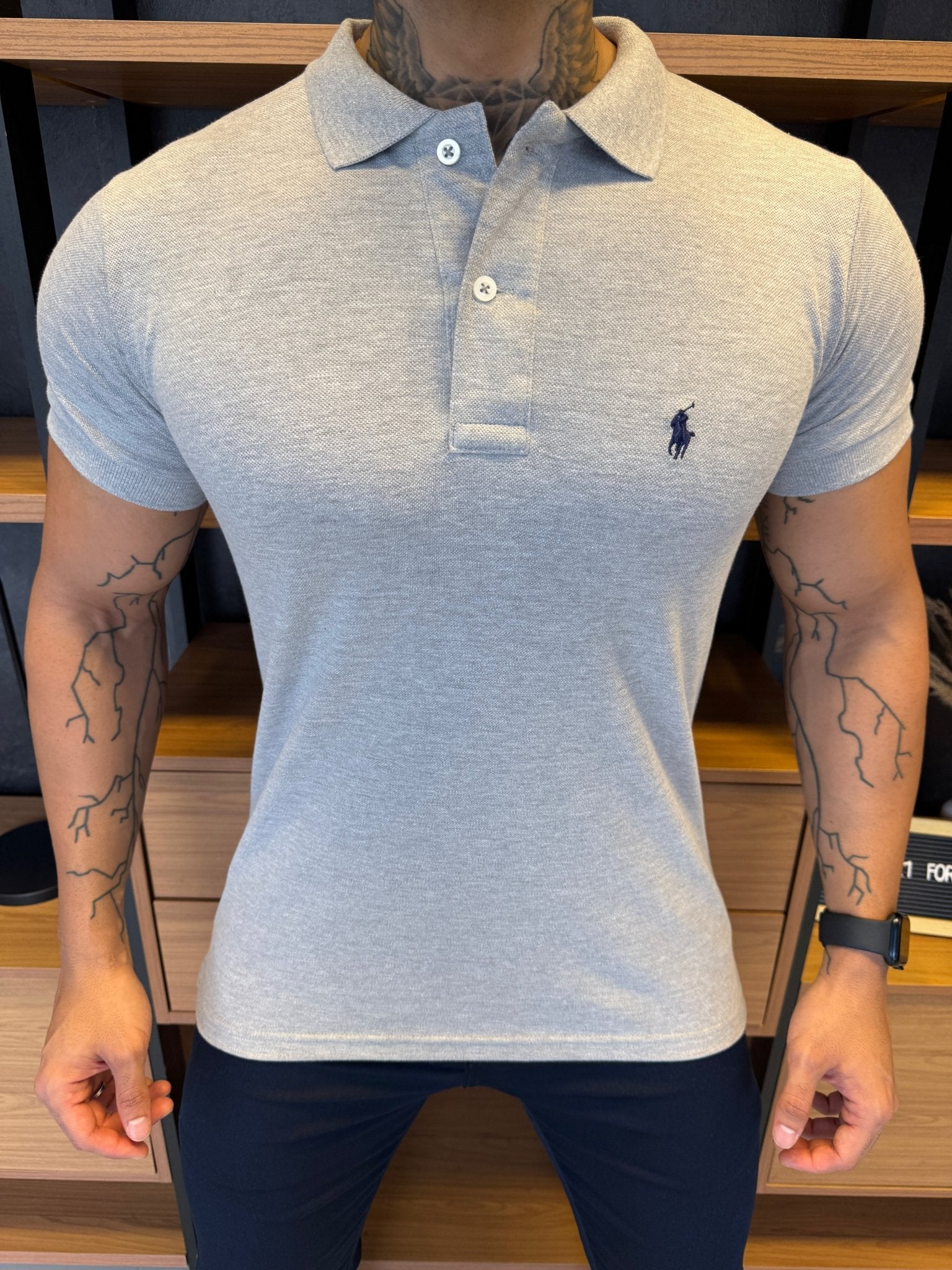 Polo Ralph. Musculina Custom Fit Cinza Logo Preto