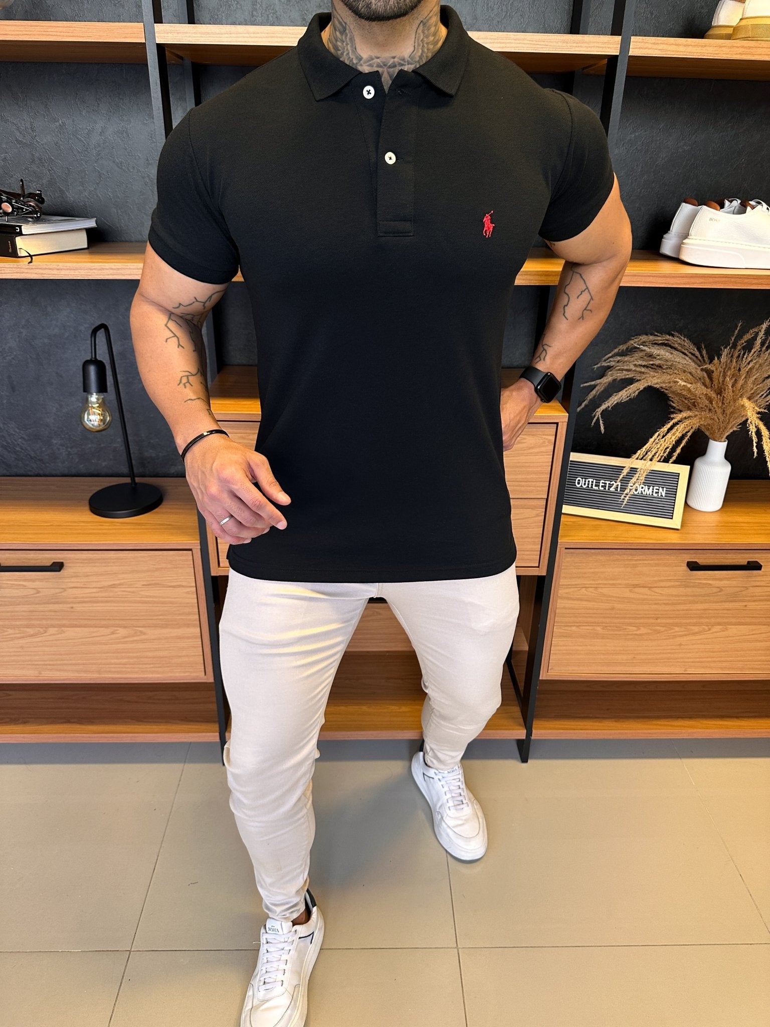 Polo Ralph. Musculina Custom Fit Preta Logo Vermelho