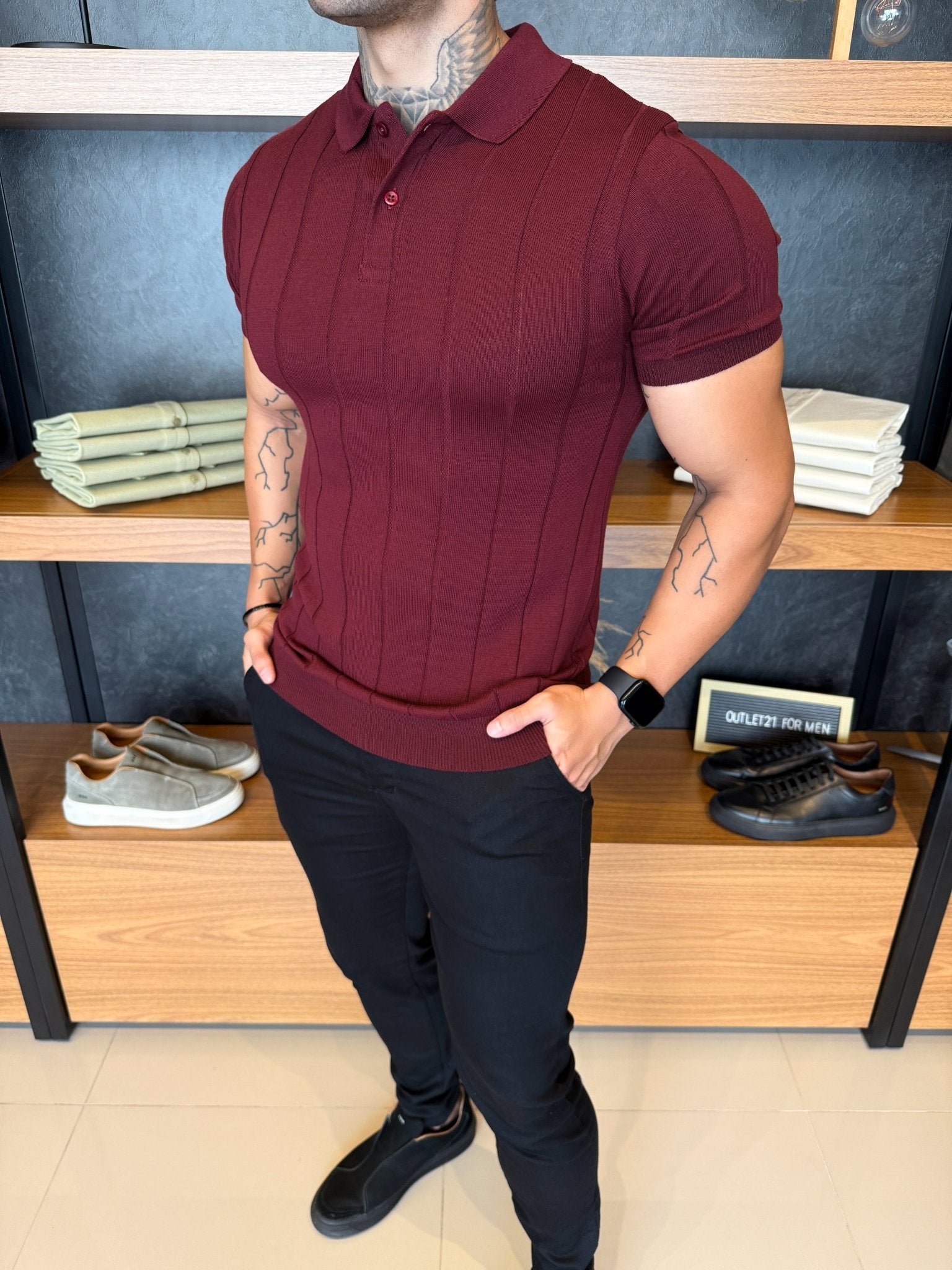 Polo Rivier Tricot Bordô Listras Minimalista