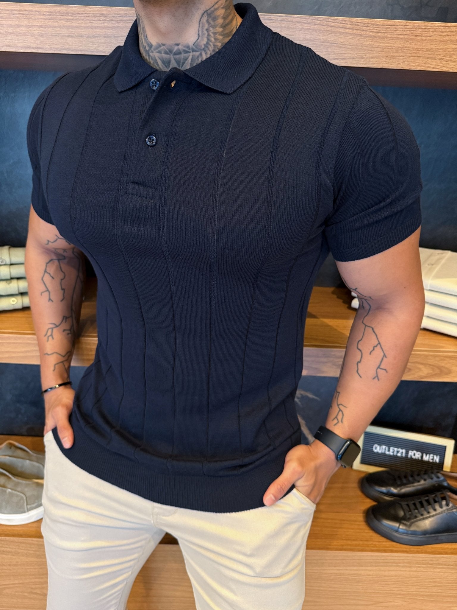 Polo Rivier Tricot Marinho Listras Minimalista