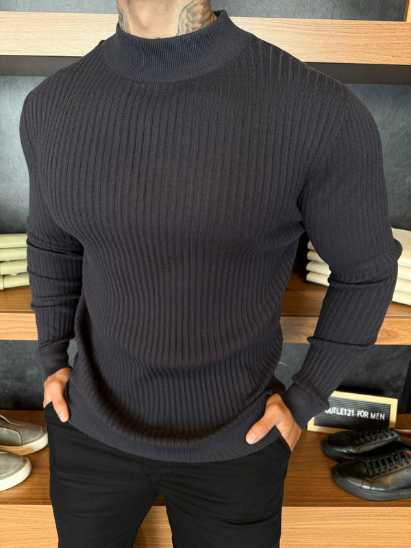Suéter Canelado Lã Nobre Cashmere Gola Média Chumbo