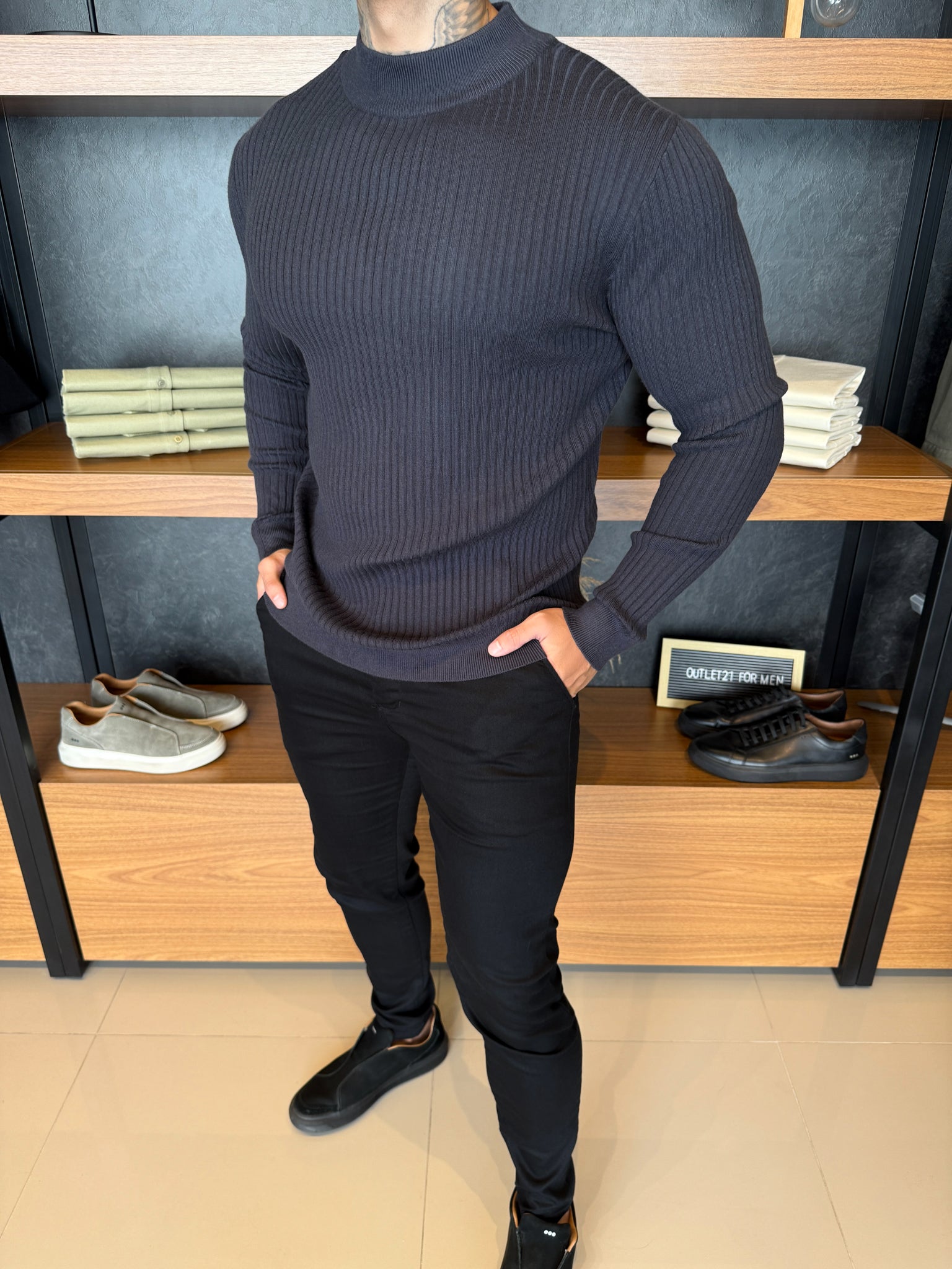 Suéter Canelado Lã Nobre Cashmere Gola Média Chumbo