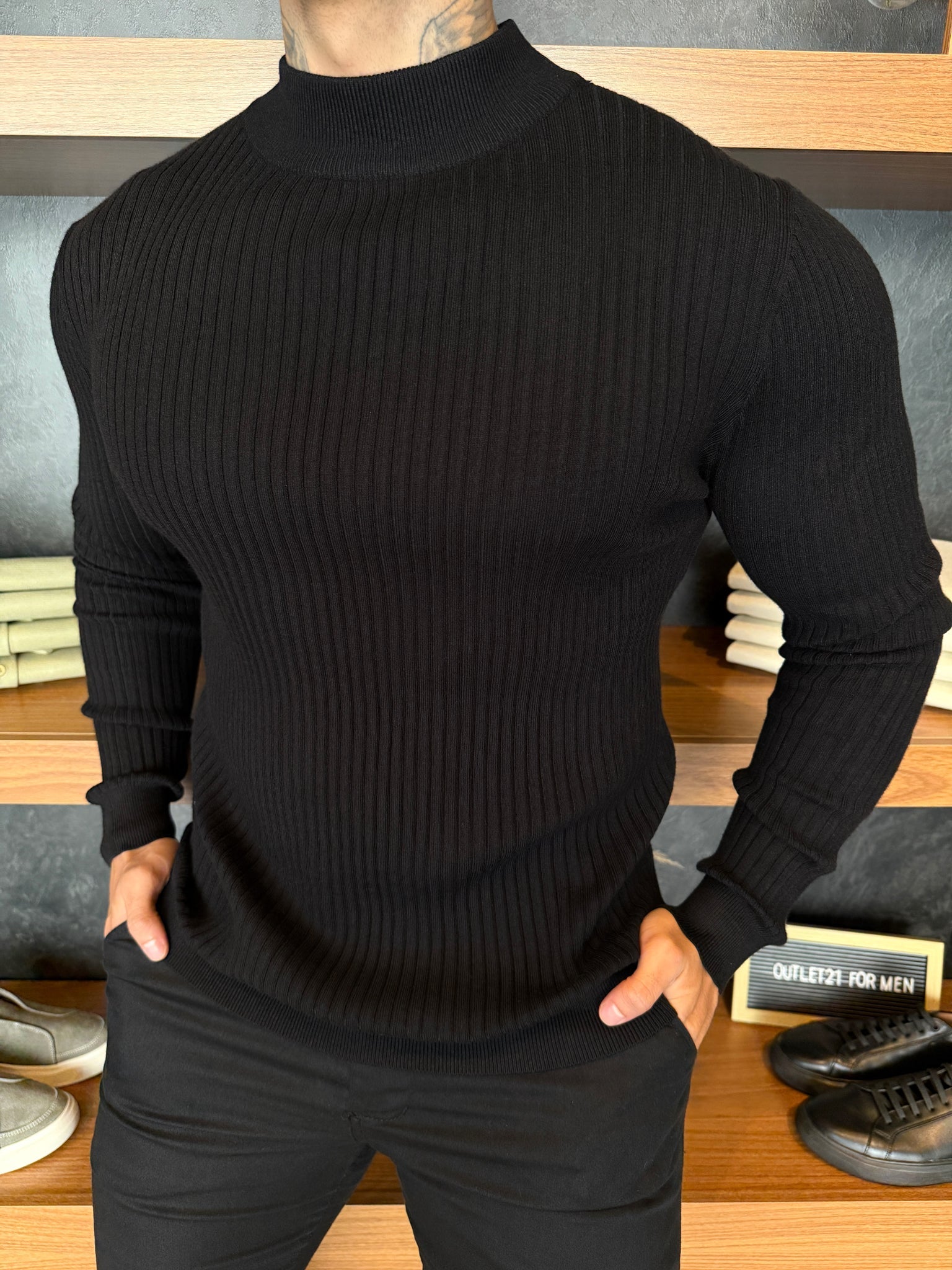 Suéter Canelado Lã Nobre Cashmere Gola Média Preto