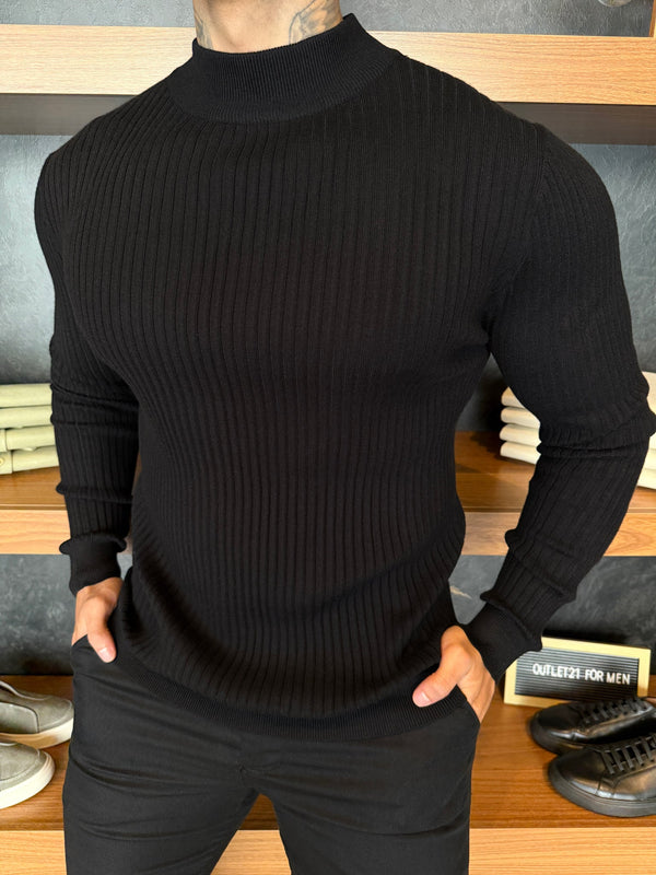 Suéter Canelado Lã Nobre Cashmere Gola Média Preto