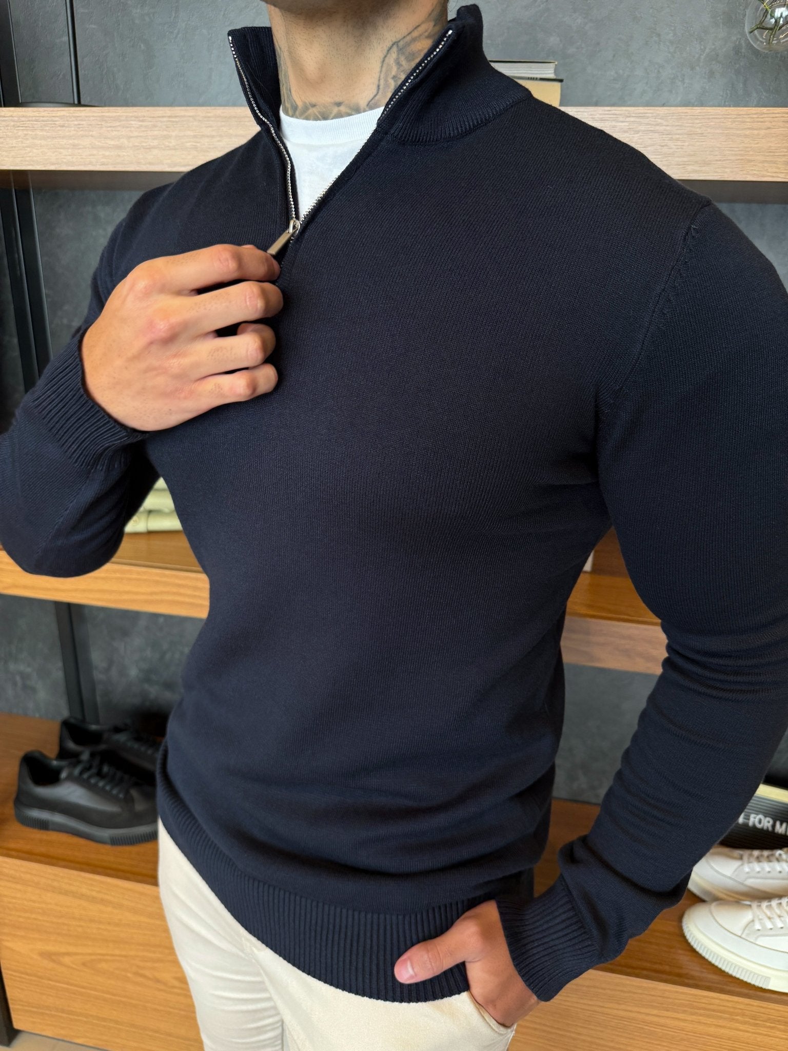 Suéter Santorinni Tricot Azul Petróleo Gola c/ Zíper